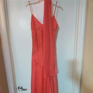 New Coral shimmering spaghetti strap, evening gown.